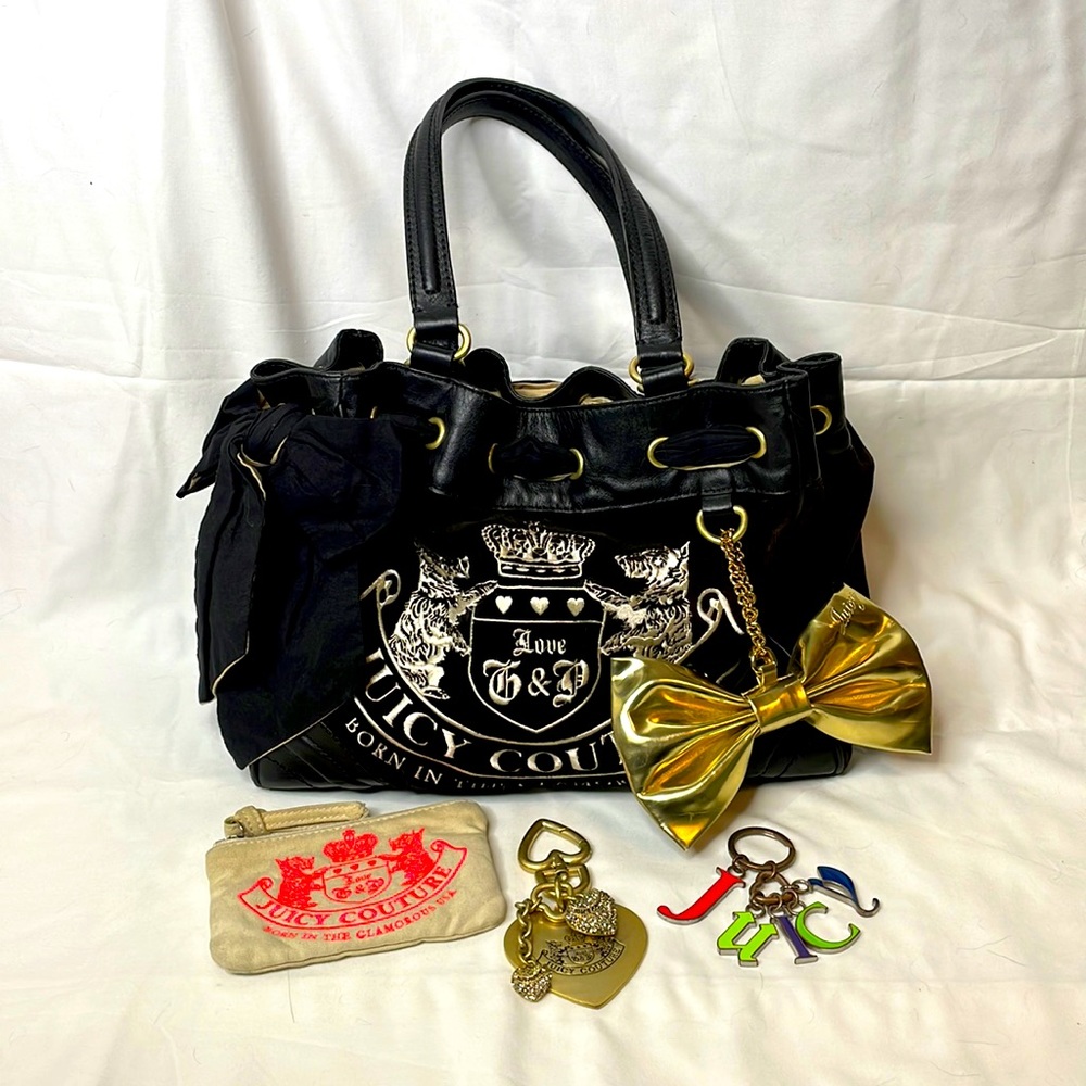 Juicy Couture Black Purse, Tan Wallet, Keychain, & Extra Heart Accessory